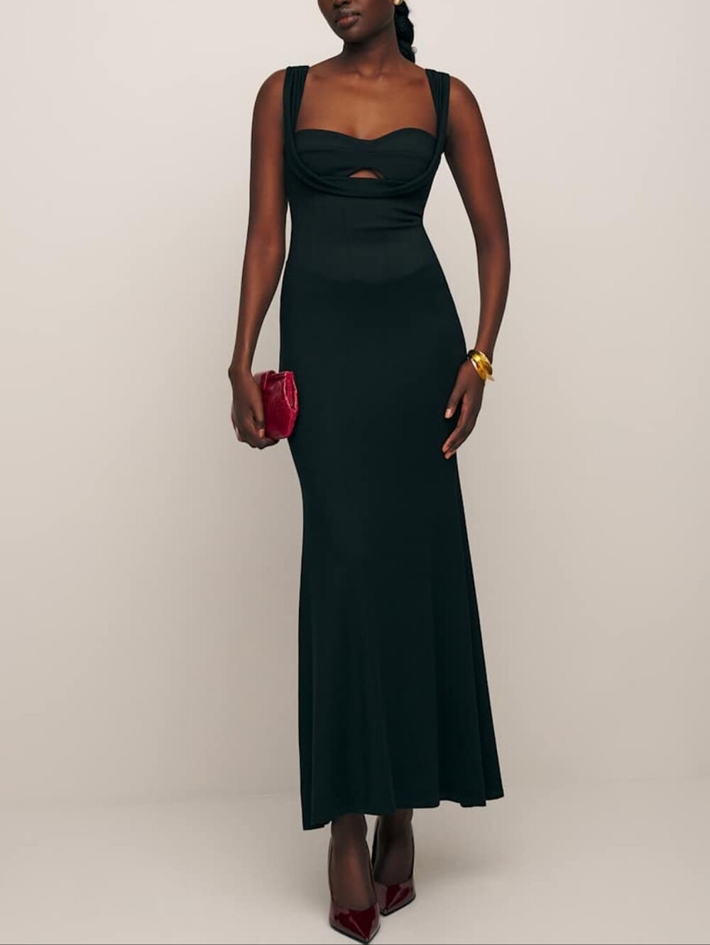 Reformation Malia Black Maxi Dress with Front Keyhole